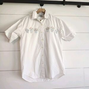 Vtg Embroidered Flower Pot Shirt Womens Floral Pastel Cottagecore Size Small